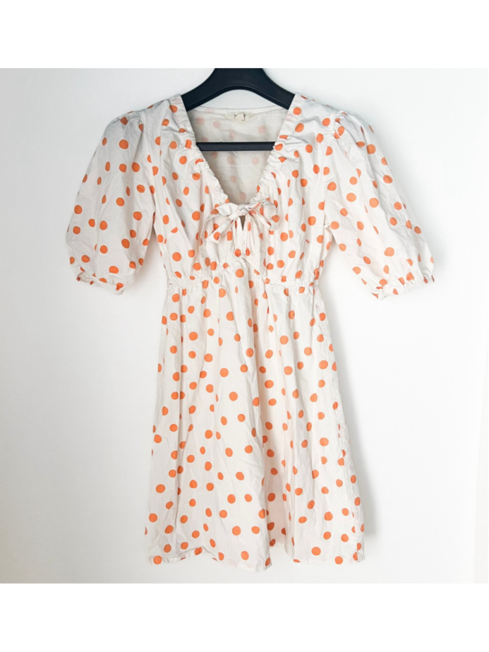 Sim & Sam Puff Sleeve White Mini Dress Polka Dot M Cottagecore Milkmaid Babydoll